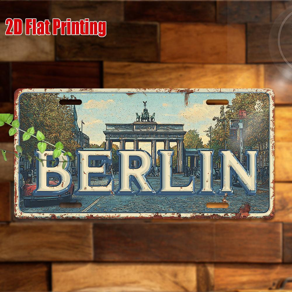 

Berlin Brandenburg Gate Retro Illustration D Flat Printing License Plate Style Metal Tin Sign German Capital City Themed Decor 15x30cm(5.9x7.8inch)