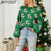 BITCED Women's Red Christmas Sweater with Deer Jacquard Pattern Relaxed Fit, Cute Long-Sleeved Pullover Knit