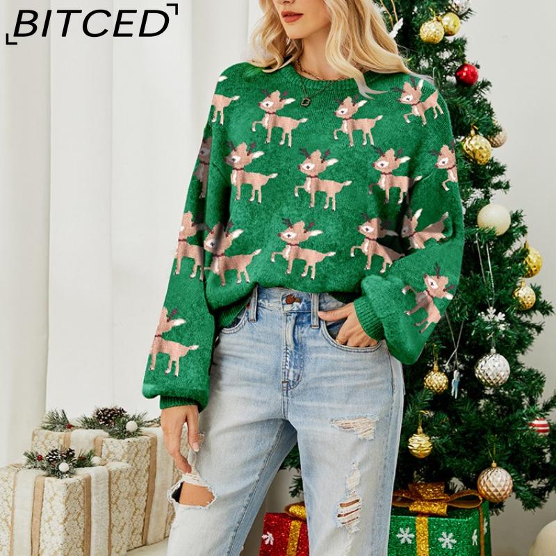 BITCED Women's Red Christmas Sweater with Deer Jacquard Pattern Relaxed Fit, Cute Long-Sleeved Pullover Knit