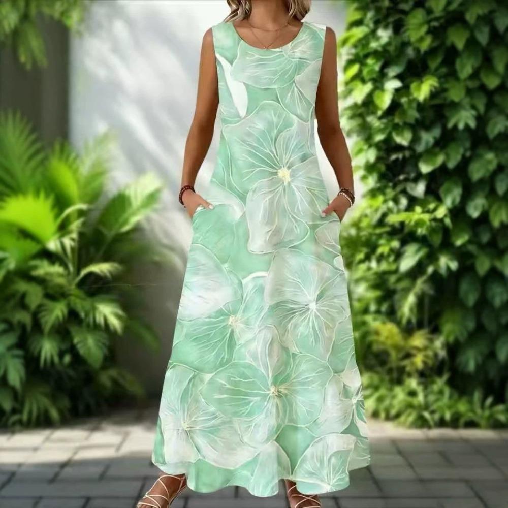 Women's Round Neck Sleeveless Floral Print Maxi Dress Loose Fit Casual A-Line Dress with Pockets