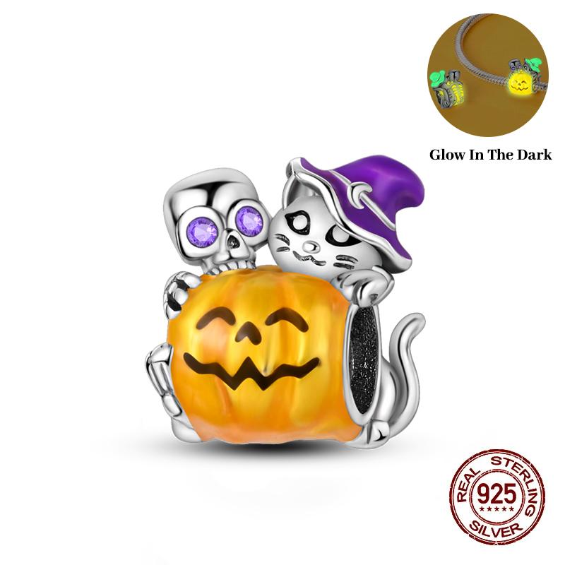 New Halloween 100% Copper Luminous Pumpkin Skull Ghost Charms Fit Pandach Original Bracelet Diy Party Jewelry