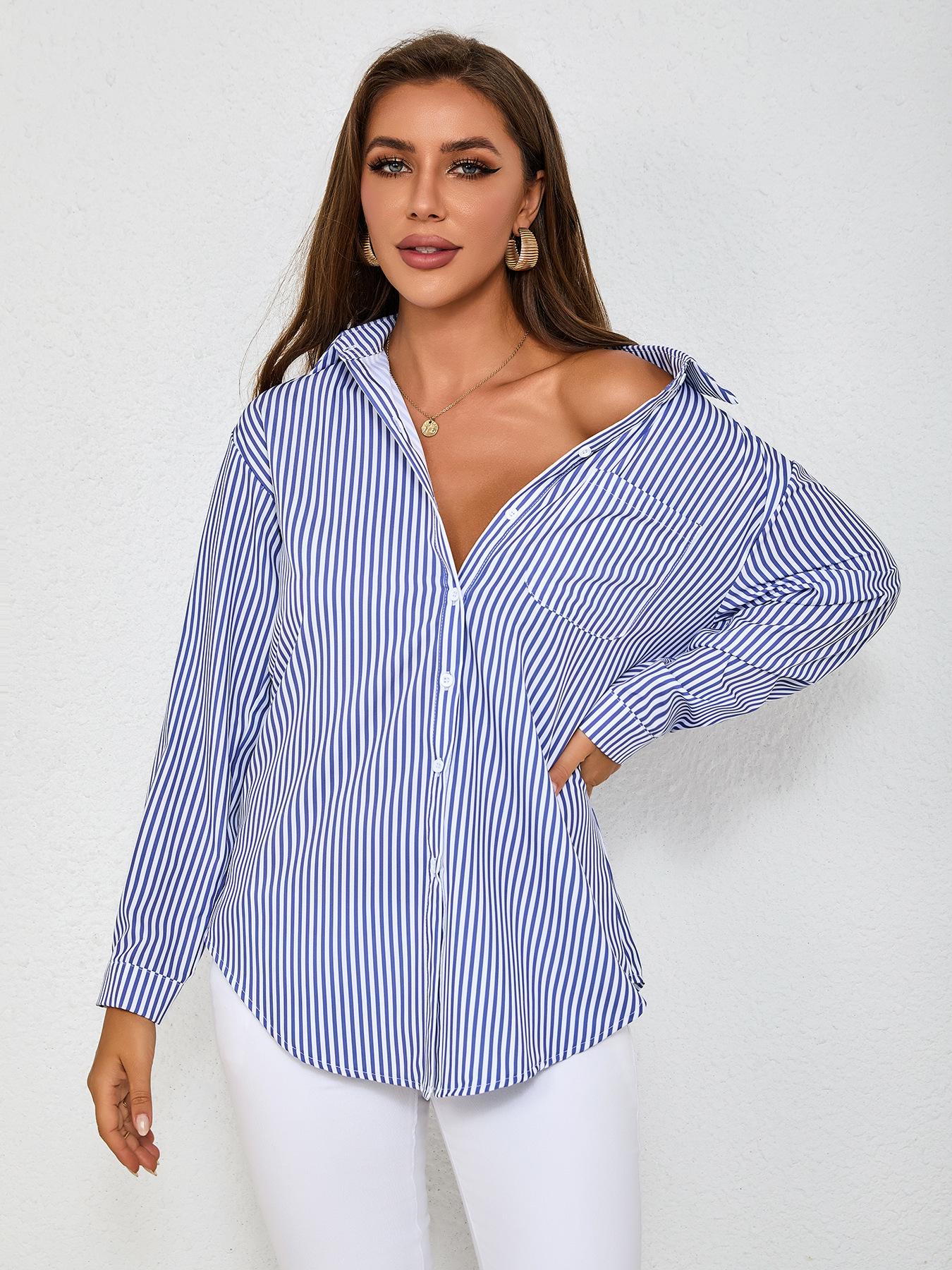 

Женский полосатый кардиган свободного кроя с французскими карманами - Повседневная рубашка с длинным рукавом S