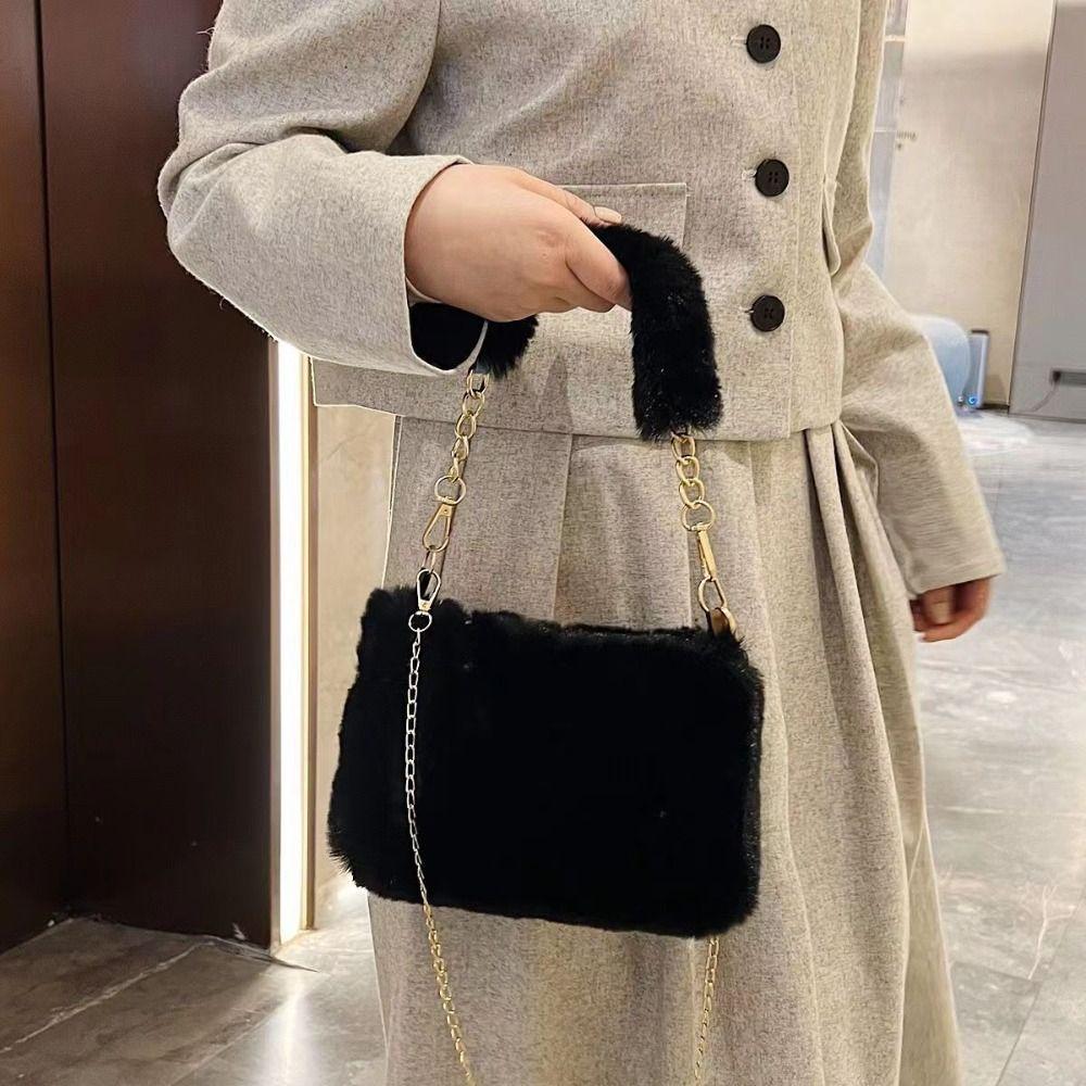 Fashion Soft Fluffy Shoulder Bags Chain Strap Handle Handle Bag Solid Color Messenger Bag Women Accessories
