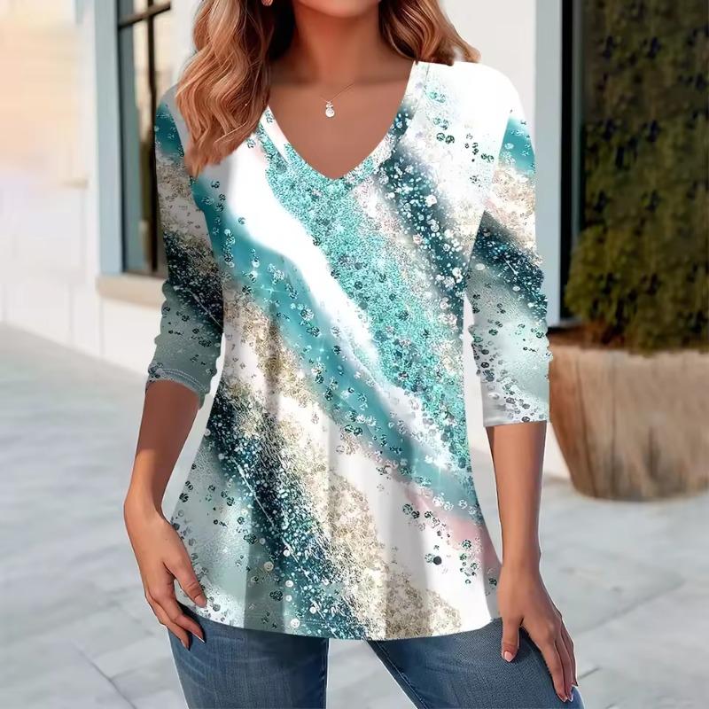 Women's T-Shirt Floral Graphic Flower Elegant Fashion Tee Long Sleeve T-shirts V-Neck Regular Tops Pullover Fall Winter