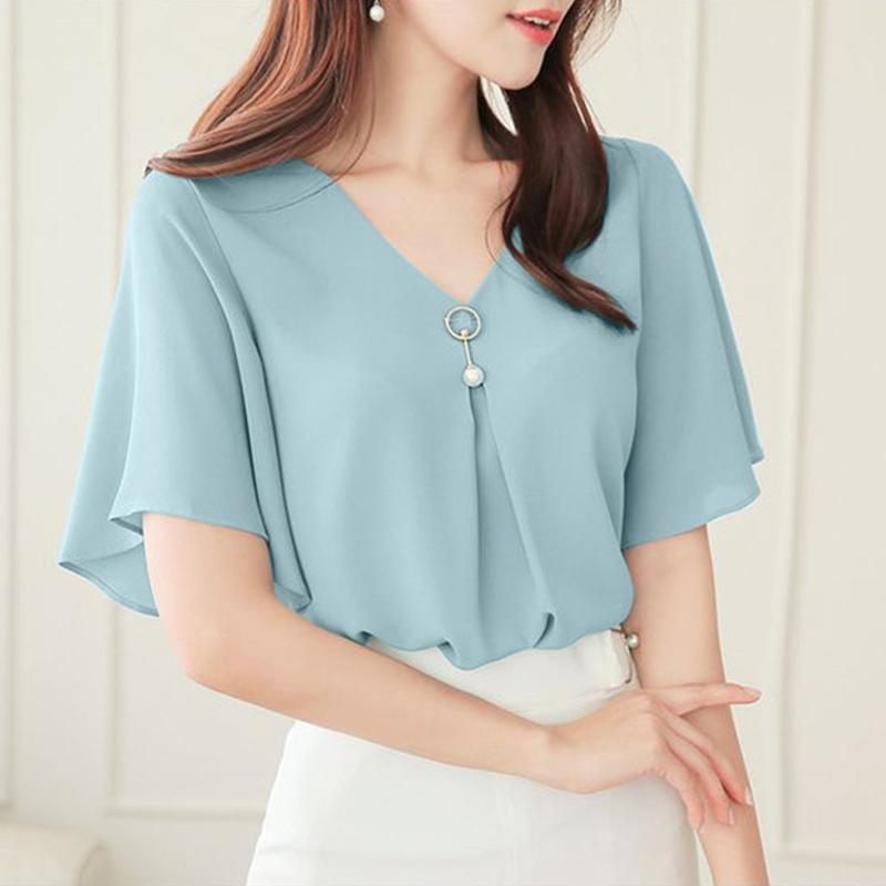 

ZANZEA Женская летняя блузка с V-образным вырезом, повседневная, с коротким рукавом светло-синий