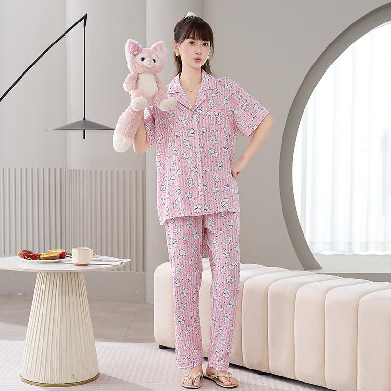 Cotton and silk pajamas women's spring and summer short-sleeved large-size suit spring and autumn thin cartoon printed loungewear