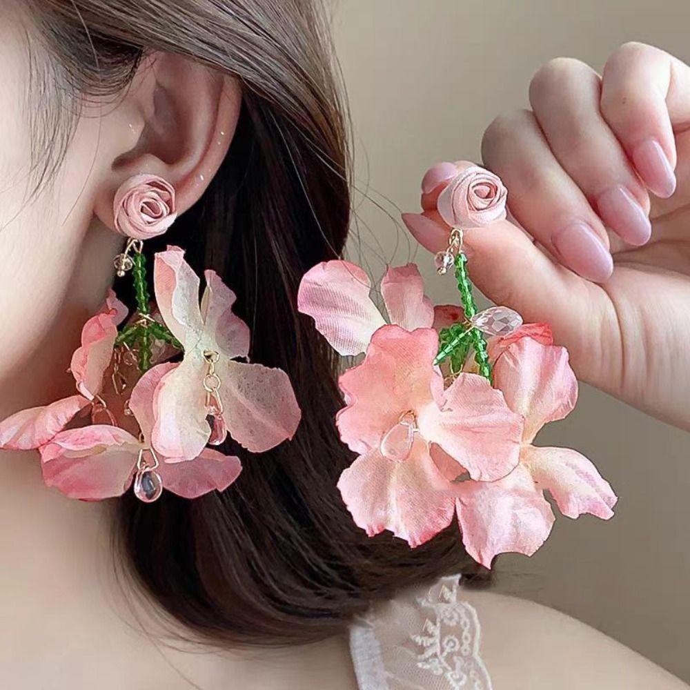 Glass Crystal Beach Earrings Sweet Petals Stud Earrings Trendy Flower Dangle Earrings Party