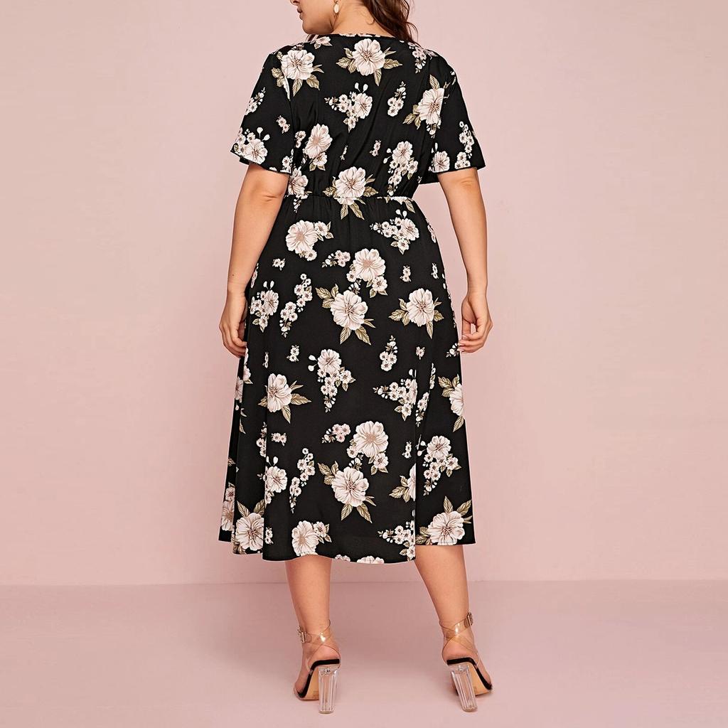 Large Size Ladies Flower Print V-neck Short-sleeved Dress European and American Waist Loose Split Mid-length Chiffon Skirt