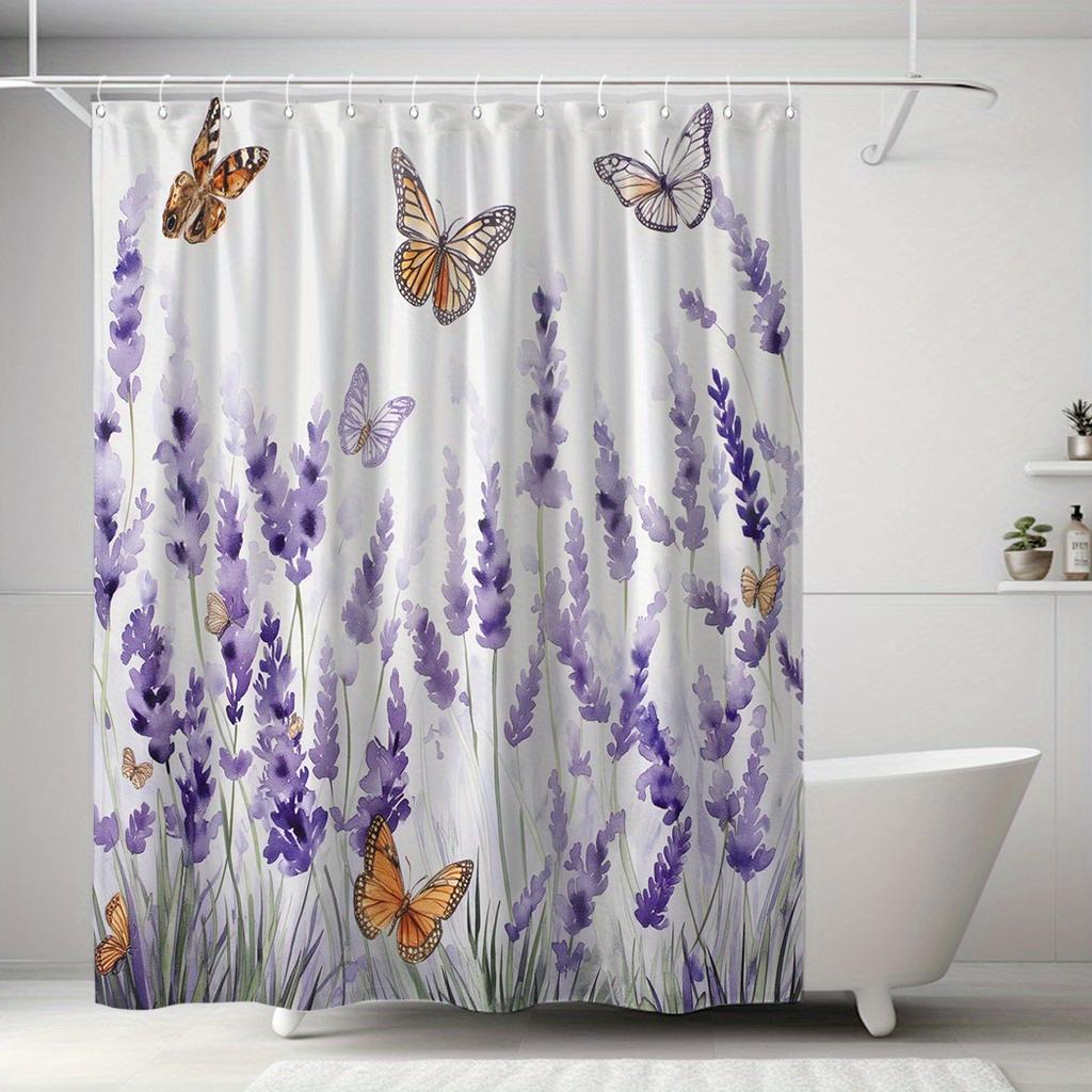 1pc Butterfly Lavender Shower Curtain - Waterproof, Durable, Includes 12 Hooks, Decorative Bathtub Partition
