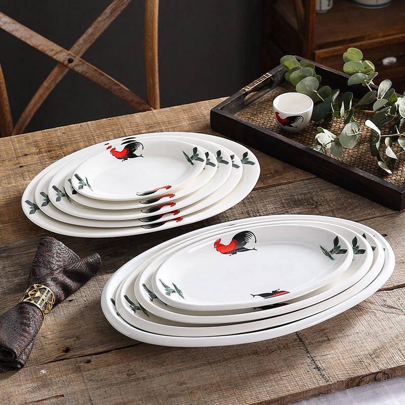 Ceramic Retro Rooster Oval Fish Serving Plate for Microwave & Hotel Use