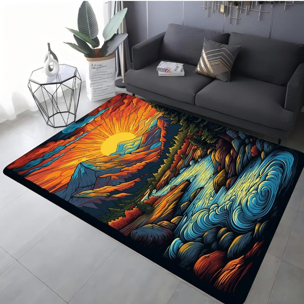 Fantasy Landscape Art Carpet Various Styles With Swirl Mountain Sun Moon Waterfall Patterns Non Slip Rug For Living Room Decor