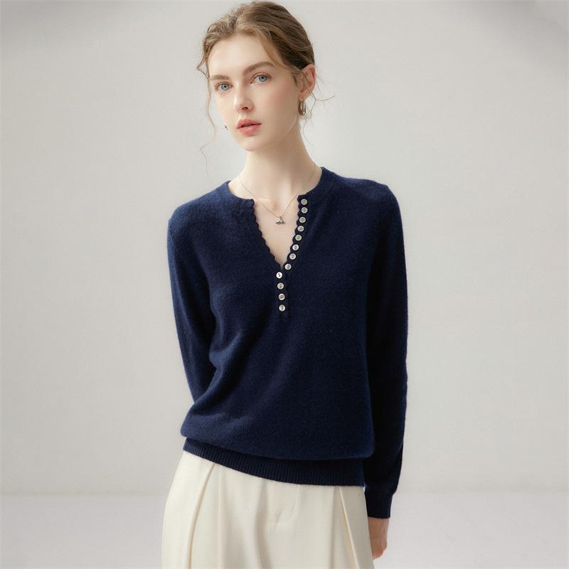 Lekasha Women's 100% Pure Cashmere V-Neck Long-Sleeve Autumn/Winter Base Layer Top
