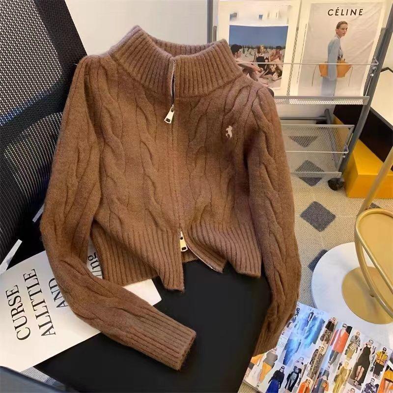 Vintage Korean Style Stand Collar Sweater Jacket Autumn/Winter Age-Reducing Zipper Embroidery Knitted Cardigan University Top