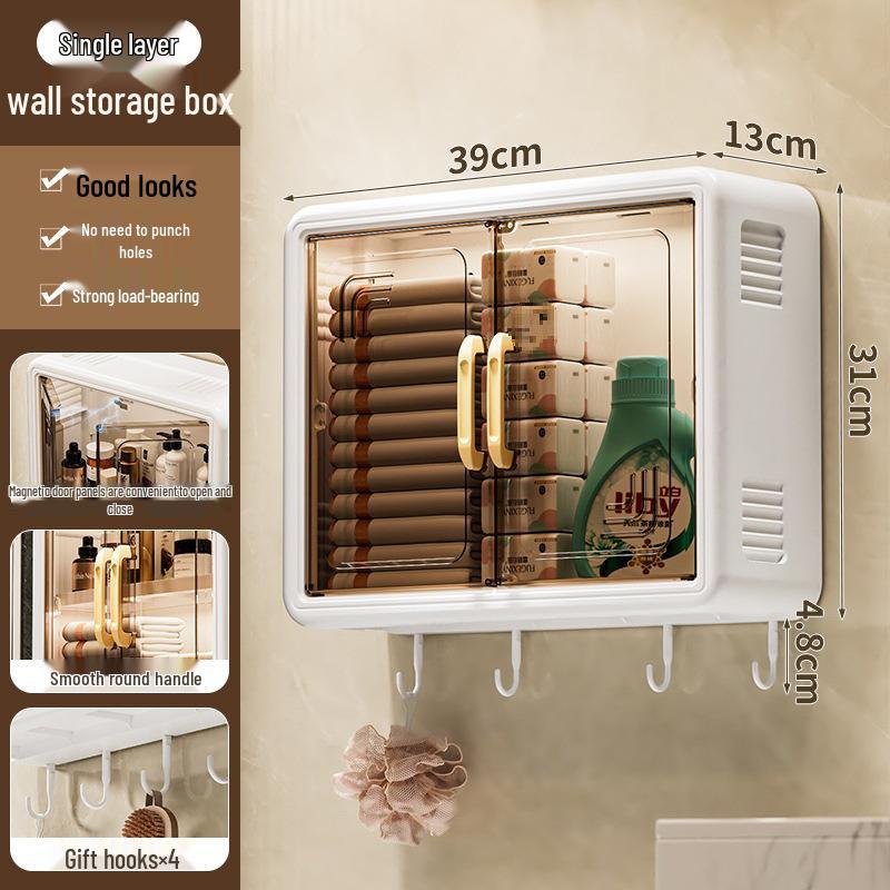 

Rotating Wall-Mounted Bathroom Cabinet: No-Drill, Dustproof, Magnetic Door for Cosmetics and Medicine Storage Solid White + Transparent Brown