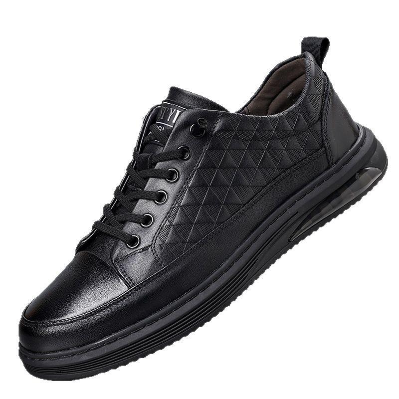 Autumn new first-layer cowhide casual men's shoes black flat shoes breathable lace-up-free versatile board shoes men's trendy shoes