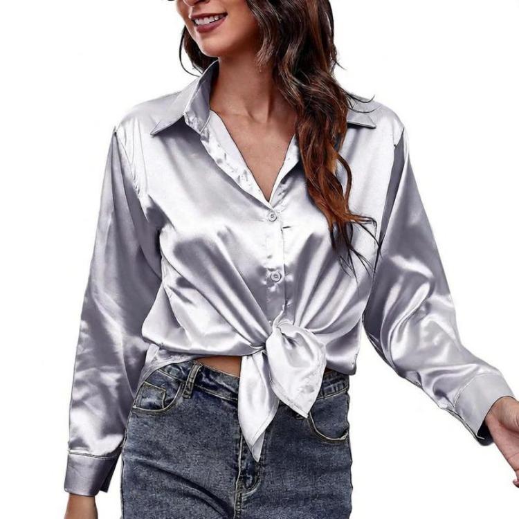 Langarm-Satinbluse für Damen Büro Elegantes Hemd