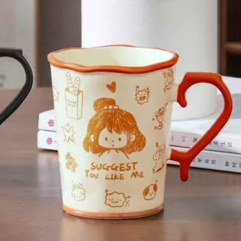 Cană Ceramică Creativă Personalizată pentru Cuplu cu Capac și Linguriță, Aspect Înalt, Capacitate Mare, Cană Cadou Mic pentru Fete, Pahar pentru Apă pentru Uz Casnic