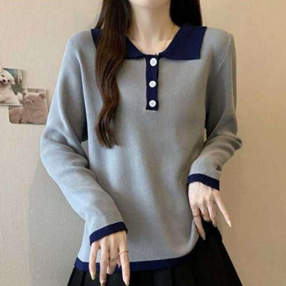 Navava Casual Long Sleeve Collar Knit Tee Nk2423