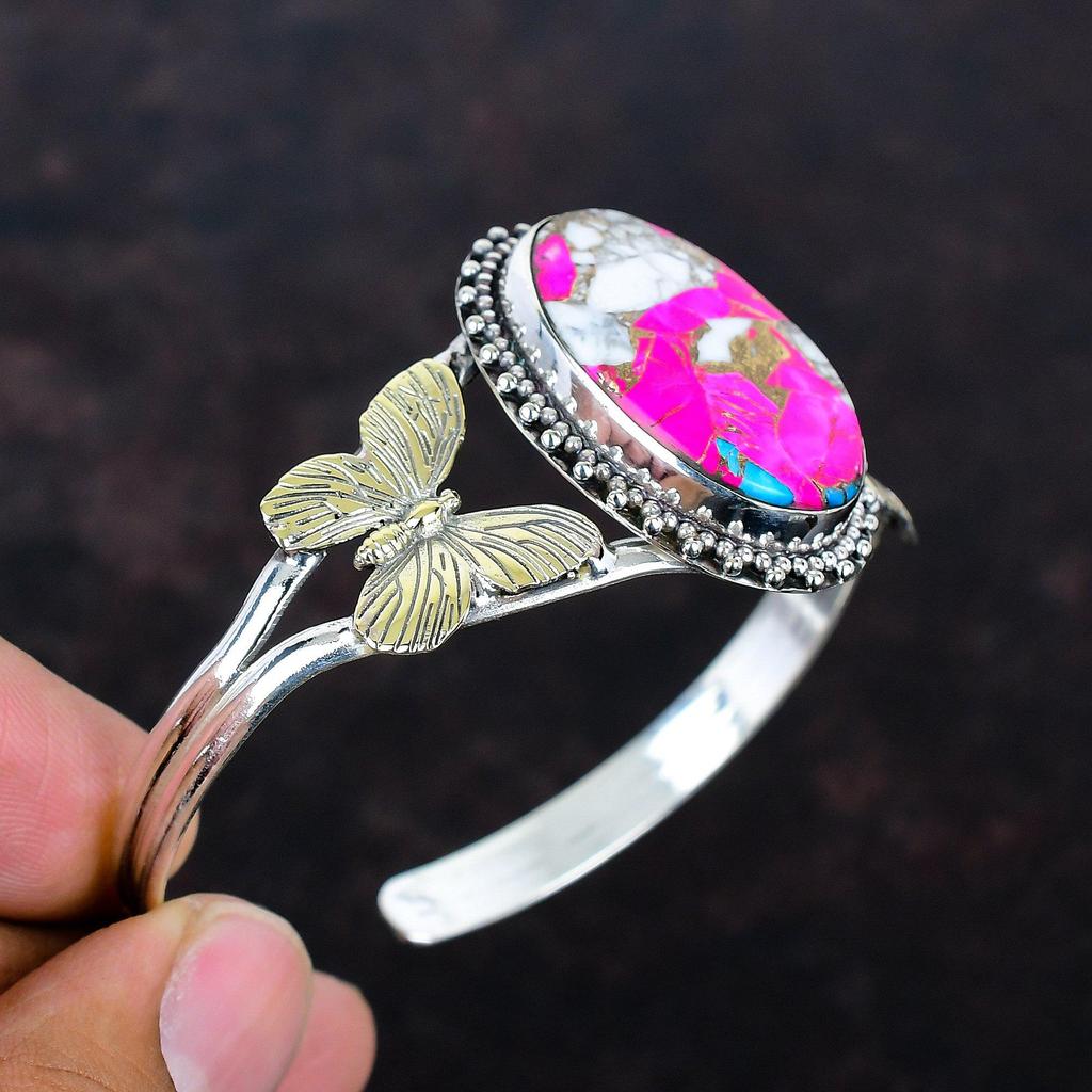 Cotton candy turquoise cuff bracelet gemstone jewelry 18k gold plated butterfly bangle 925 sterling silver adjustable bangle handmade bangle