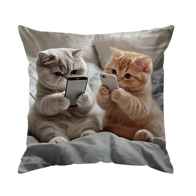 Cute Kittens With Smartphones Printed Pillowcase Pattern Cushion Cover for Sofa Bedroom Car Home Decor