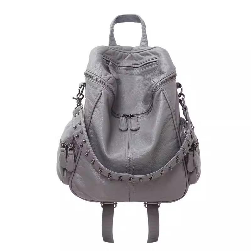Large Capacity Solid Color Soft-Sided Backpack Fashionable Unisex Rivet Wash Leather Backpack Multi-Pocket Schoolbag