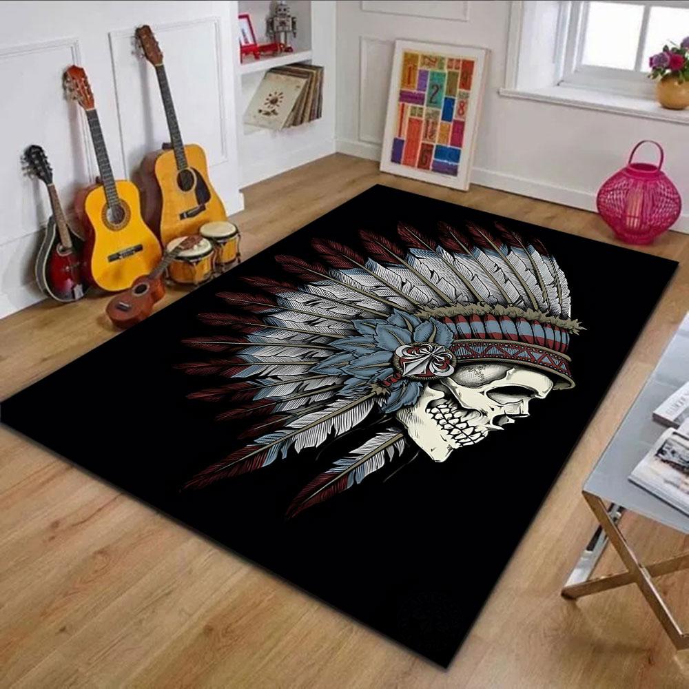 Skull with Feathered Headdress Patterned Carpet, Non Slip Mat Suitable for Living Room and Bedroom Sofas