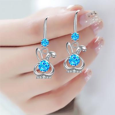 12 Zodiac Rabbit Earrings Feminine Long Slim Face Inset Big Eared Rabbit Pendant Ear Hook Earrings