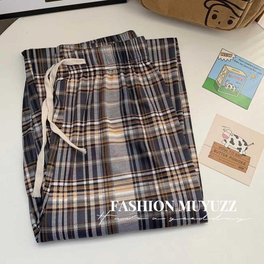 Plus Size High Waist Plaid Wide-Leg Ice Silk Pants for Women