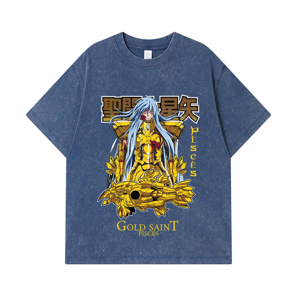 275 GSM Washed T-shirts 100% Cotton Saint Seiya V25 Pisces Print Unisex Heavy Cotton T Shirt