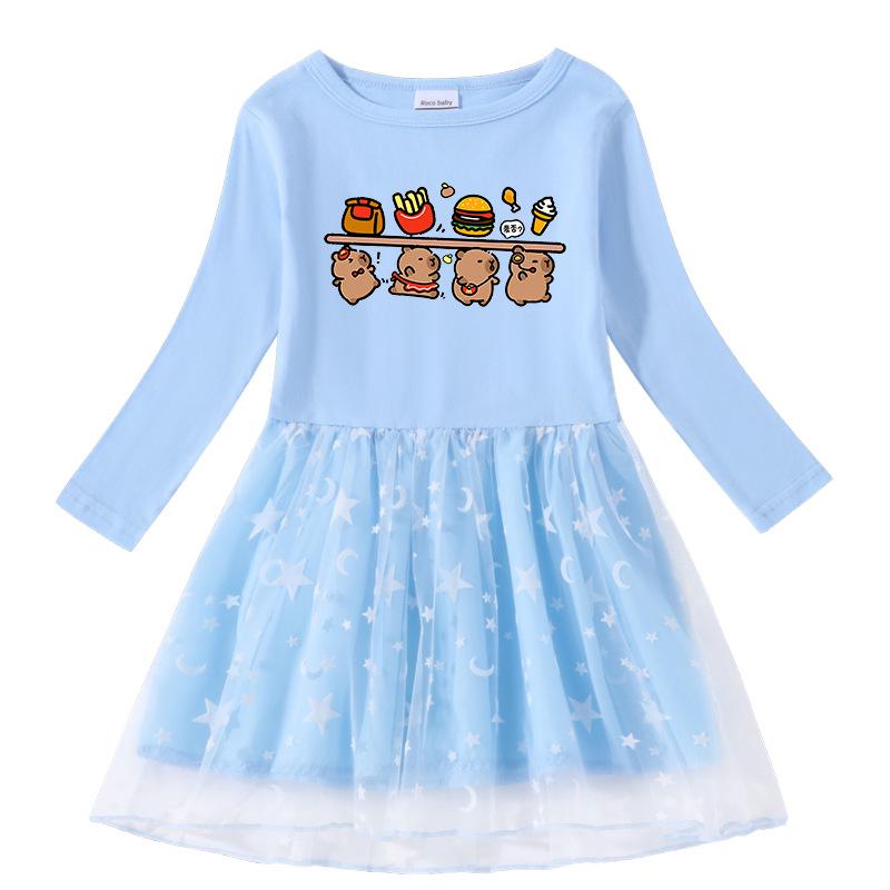 Korean Style Children's Princess Dress with Stars, Rainbow Sequins, Mesh Pleats, Short/Long Sleeves for Spring, Summer, Autumn