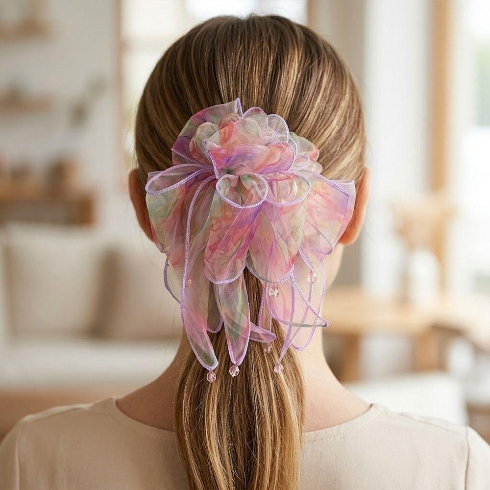 Gifts Retro Organza Flower Hair Clip Luxurious Ribbon Mesh Hair Clip Rhinestones Back of Head Hair Accessory
