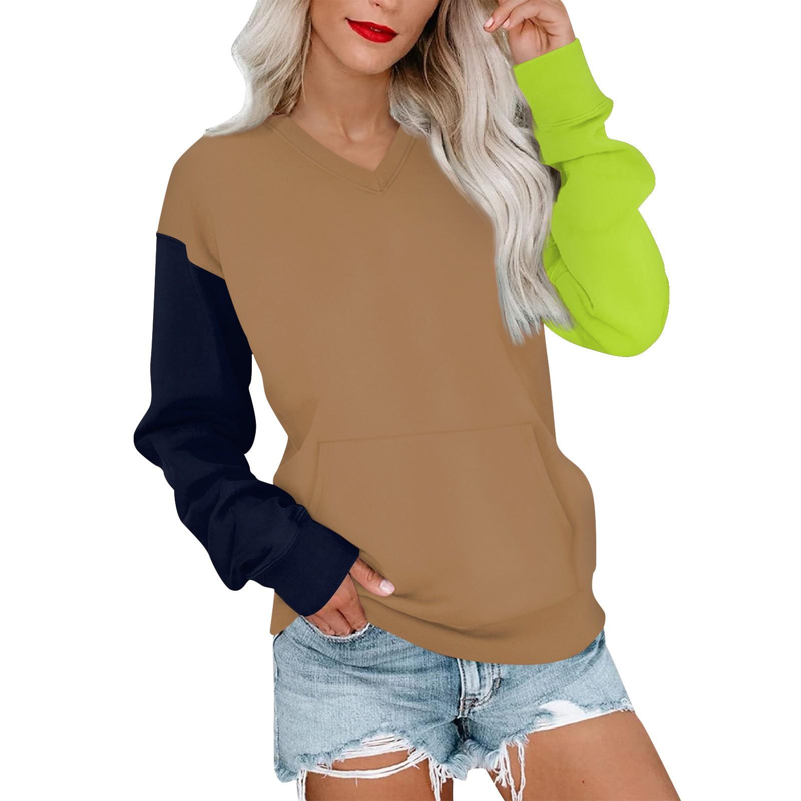 

Женская повседневная модная цветная стеганая толстовка с V-образным вырезом и длинным рукавом, легкий пуловер с карманами XL