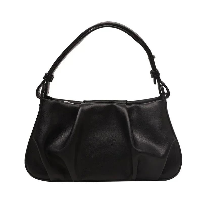

Fashion Pleated Solid PU Zipper Women s Handbag Hot Sale Sewing Thread Bags for Women Interior Compartment Pleated Shoulder Bags чёрный