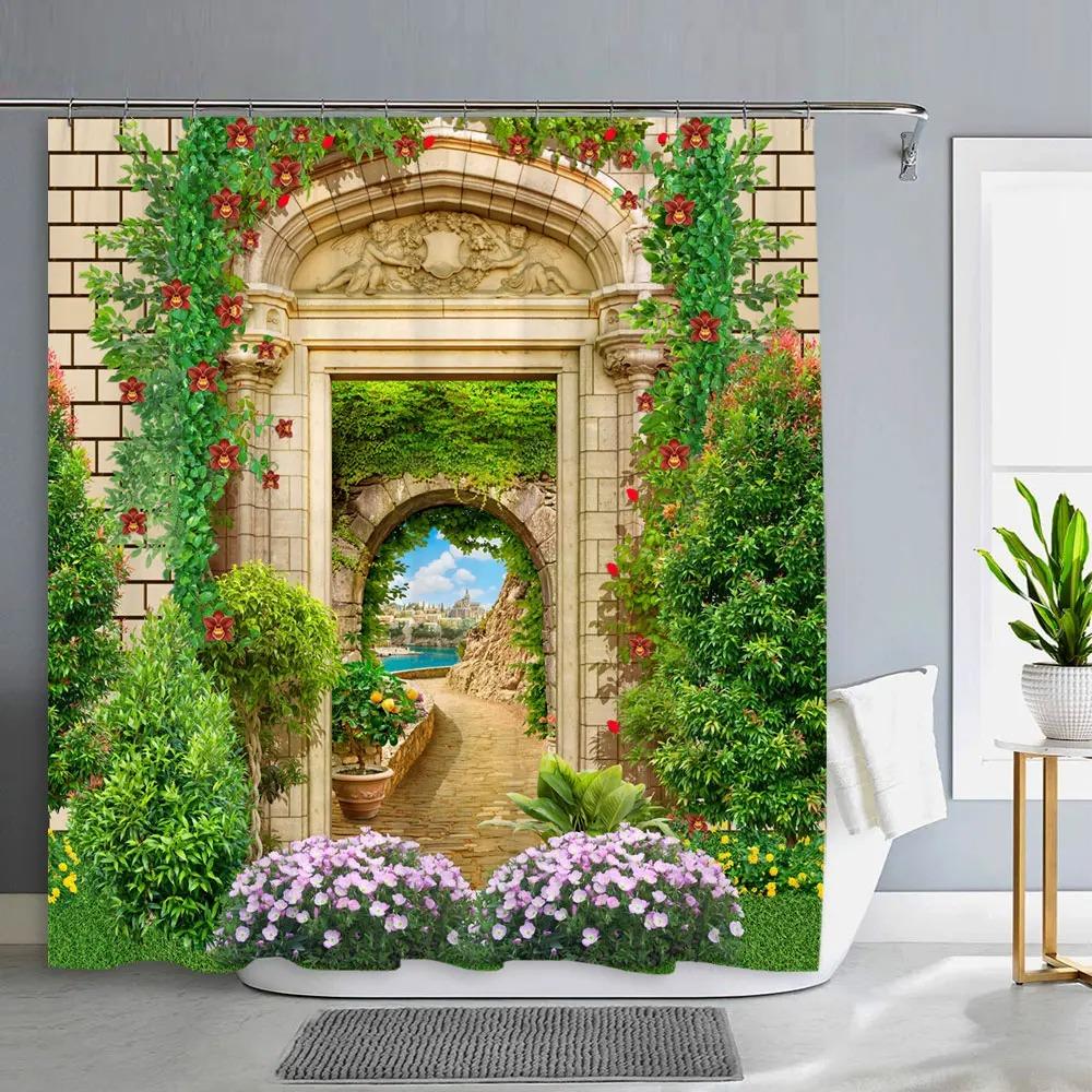 Old Door With Flowers In Verona Italy Shower Curtain Outdoor Street Garden Landscape Polyester Shower Curtains Bathroom Decor