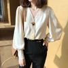 Shirt Women's Design Sense Niche 1116 New Retro Hong Kong Flavor V-neck Early Autumn Top Light Lantern Sleeve Shirt
