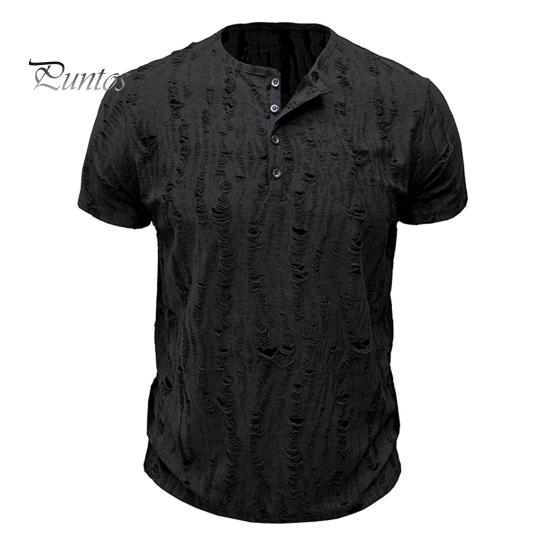 

Летний мужской топ с короткими рукавами, круглым вырезом, рваными отверстиями и пуговицами, однотонная рубашка в американском стиле для повседневной носки и путешествий M