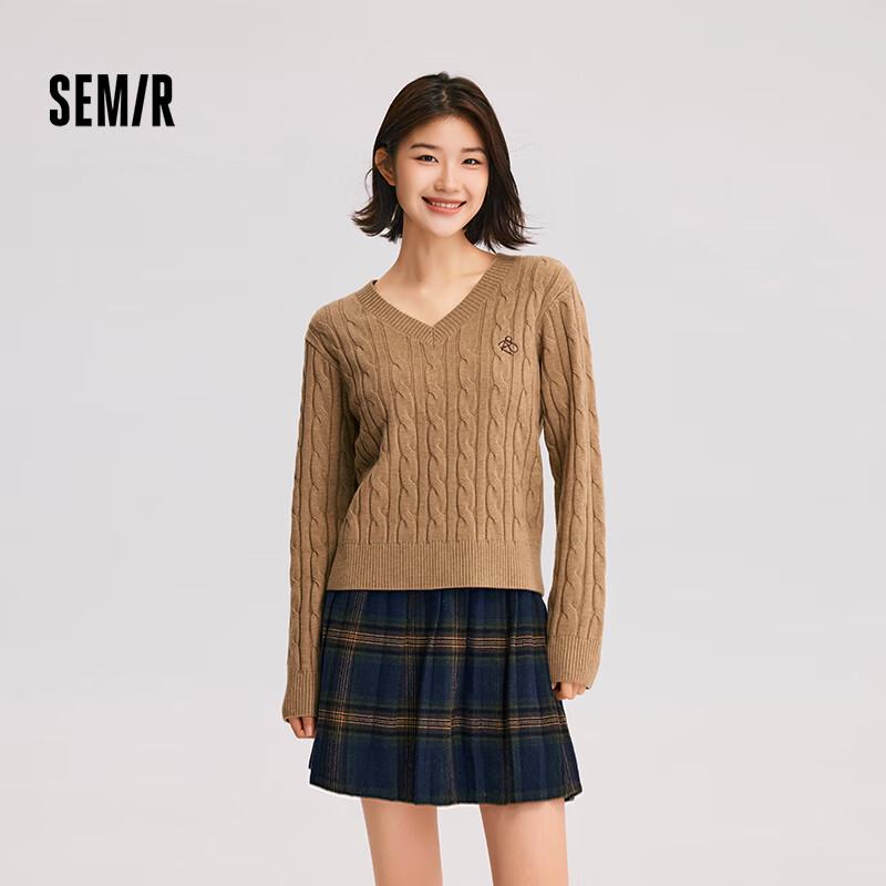 Semir Damen Bestickter V-Ausschnitt Lockerer Zopfstrickpullover