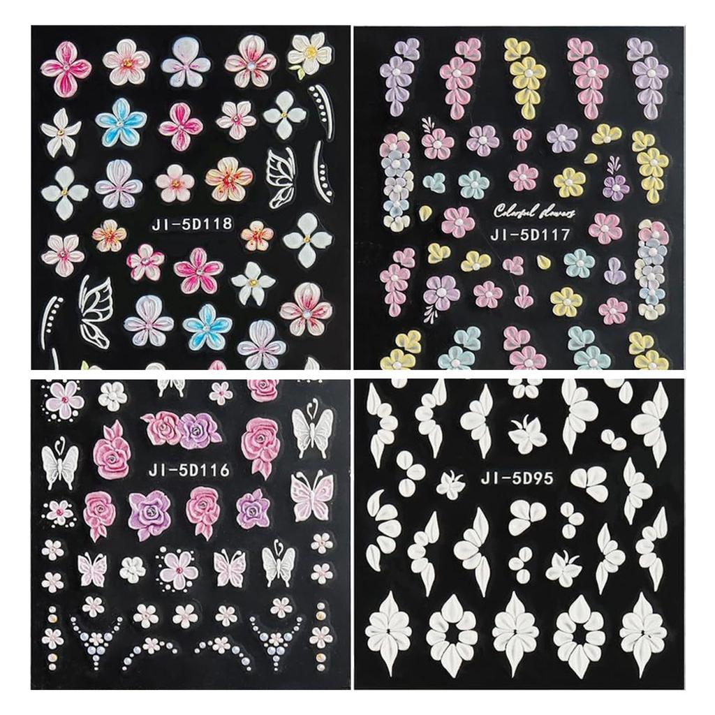 4 Sheets Flowers Nail Sticker Sweet Nails Art Stickers Self-Adhesive Nail Decals Nails Art Decoration for Woman Girl