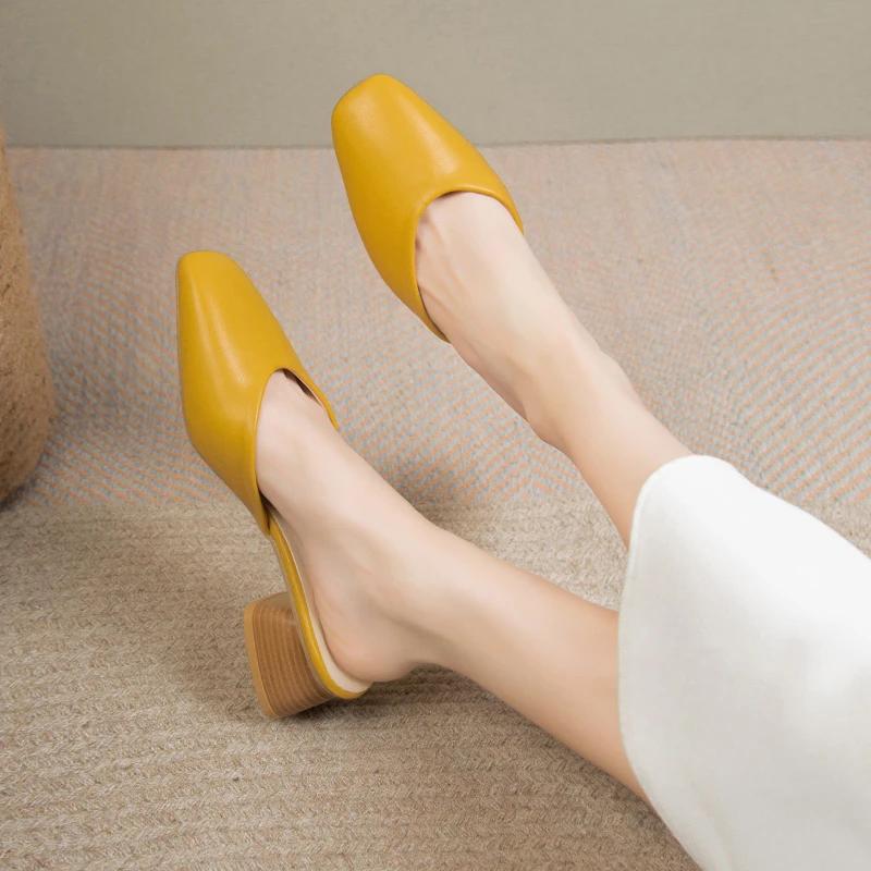 Fashion Baotou Slippers Women's 2025 New Korean Fashion Solid Color Leather Face Thick Heel Fairy Style Slippers Zapatillas De Mujer