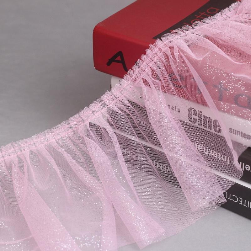 

16cm wide silver dot pink mesh pleated lace fabric DIY skirt evening dress curtain sofa cover Doll cheongsam sewing accessories 1 yard рожевий