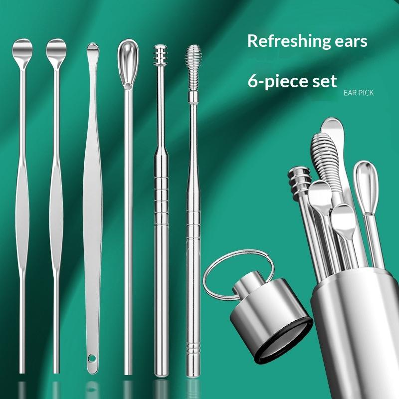 6Pcs Portable Ear Pick Set Stainless Steel Ear Wax Remover Tools with Non-slip Handle for Daily Ear Cleaning Use