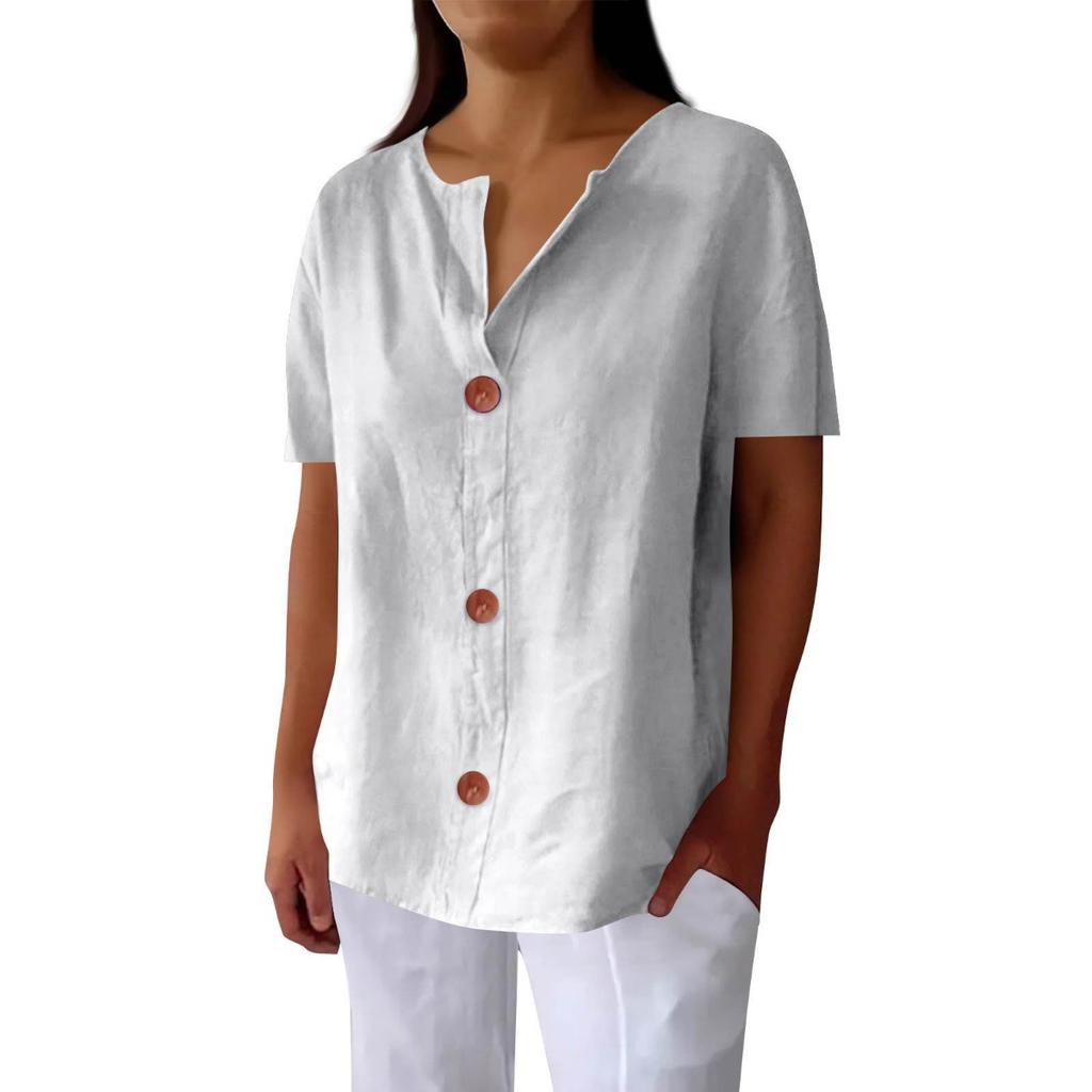 Spring Autumn New Women's Loose V-neck Button T-shirt Comfortable Casual Blouse Top