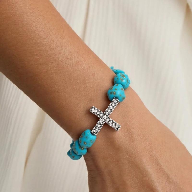 Flexible Crosses Designs Bracelet Irregular Turquoise Beads Stretchable Metal Jewelry Unisex Fashion Gift