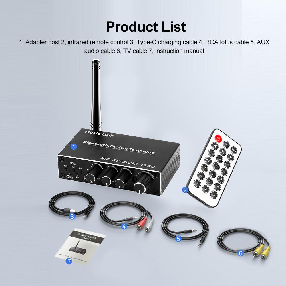 T500 DAC Bluetooth 5.4 Audio Receiver Digital To Analog Converter 3.5mm AUX RCA Coaxial USB U-Disk Karaoke Stereo Wireless Adapter
