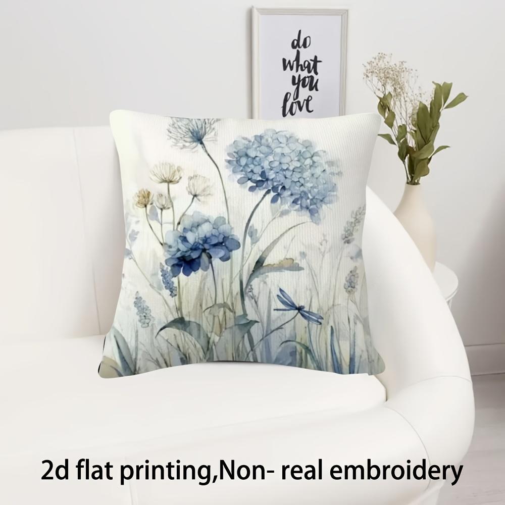 Tweezijdige Aquarel Blauwe Hortensia Kussenhoes Boho Wilde Bloemen Libel Print Zacht Plaid Kussenhoes Voor Woondecoratie Cadeau Peach skin 18*18(CM)-1Pcs