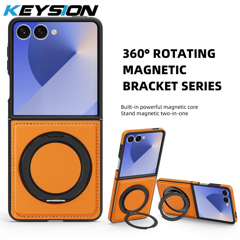 

KEYSION 360° Rotating Magnetic Ring Stand PU Leather Case for MagSafe for Samsung Z Flip 7 5G 7 SE Wireless Charging Phone Cover for Galaxy Z Flip 7 SE оранжевый
