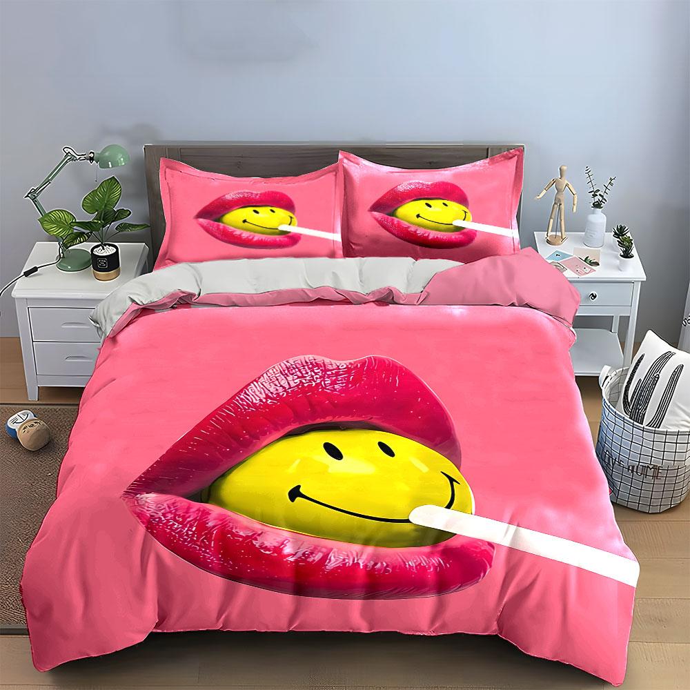 Smiley Lollipop Lips Art Bedding Duvet Cover Set Duvet Cover Pillowcases (1*Duvet Cover 2*Pillowcases, without duvet insert)