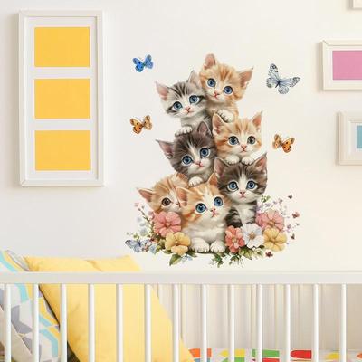 Cute Little Cat Flower Butterfly Stickers For Bedroom Living Room Wall Decor Kids Nursery Decals Removable Home Decor