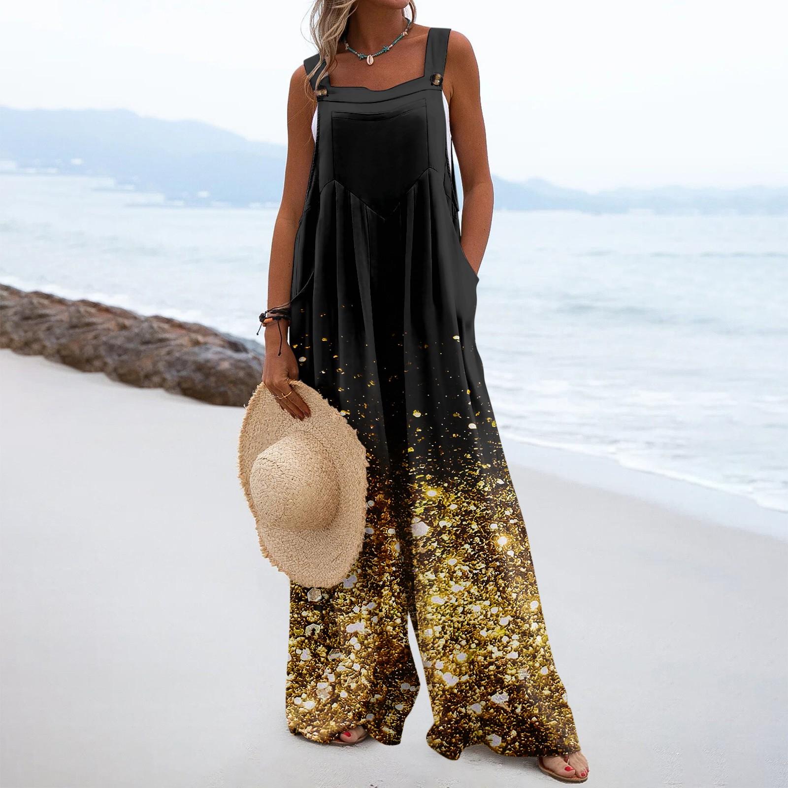 

Женские комбинезоны, повседневные комбинезоны с широкими штанинами и принтом, комбинезоны без рукавов с карманами, наряды L золотой