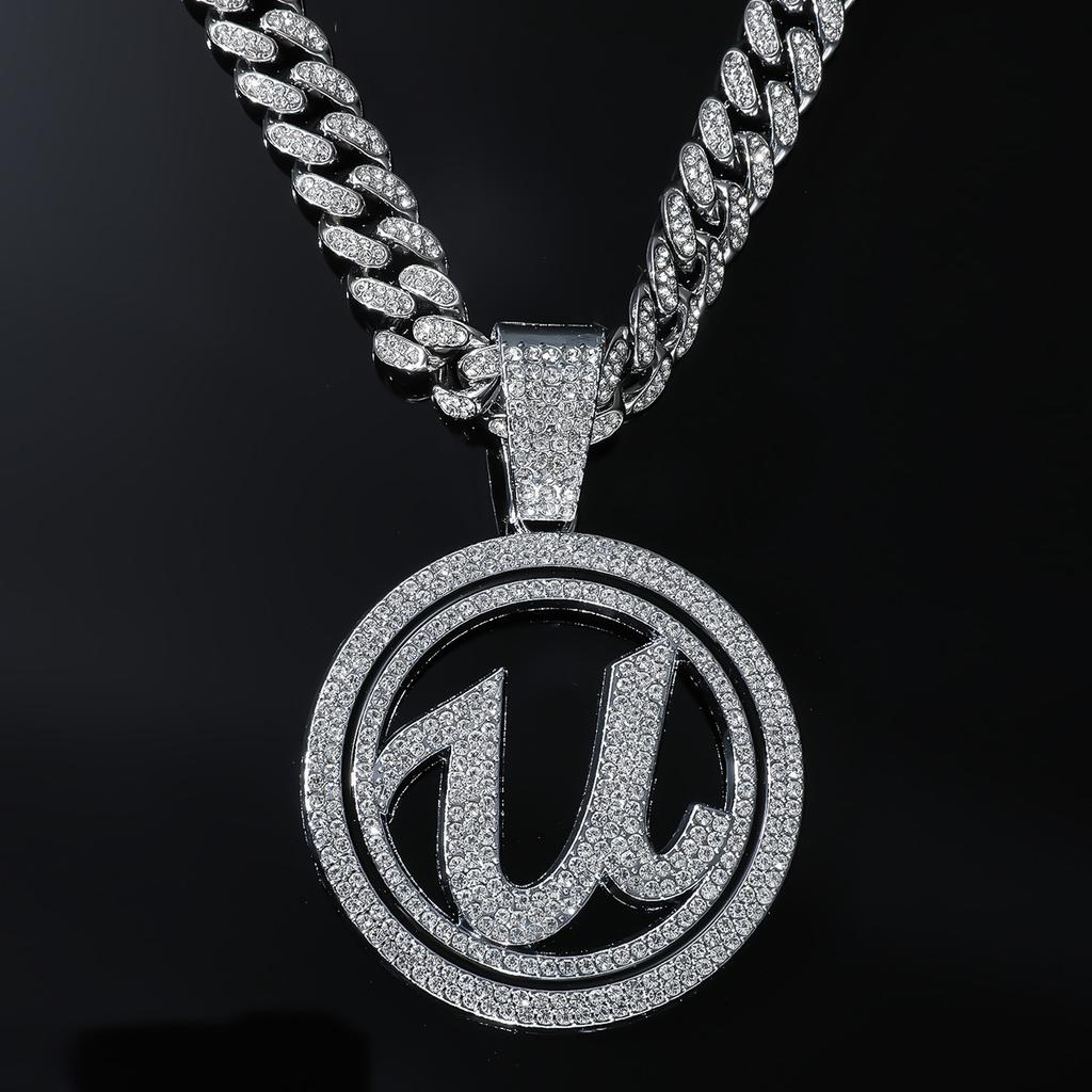 Letter U Round Brand Full of Diamonds Three-dimensional Pendant Cuban Chain, Personality Trend Necklace, Nightclub Hip-hop Collarbone Chain